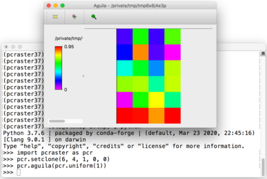 Aguila showing a map with random values, generated with PCRaster Python using conda.